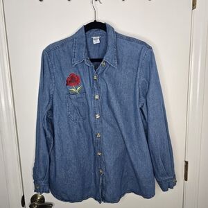 Blue Denim Button Down Shirt with Red Rose Embroidery